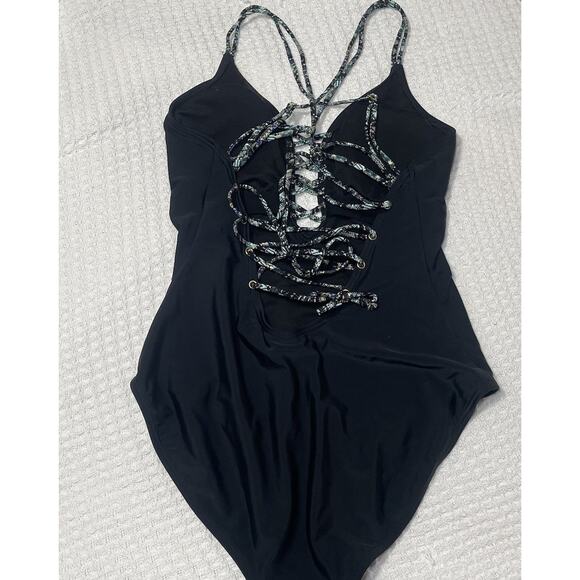 Ambrielle Size Large Black Plunge One Piece Swimsuit Tie Straps - Picture 5 of 6